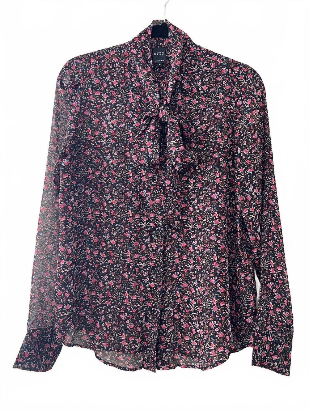 Barney's NY Silk Floral Print Long Sleeve Button-Up Blouse with Tie Neck Small